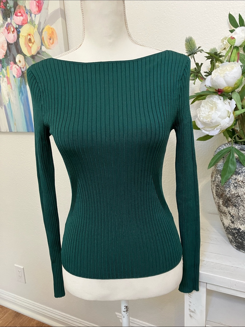 Abercrombie & Fitch Forest Green Ribbed Off-the-Shoulder Sweater